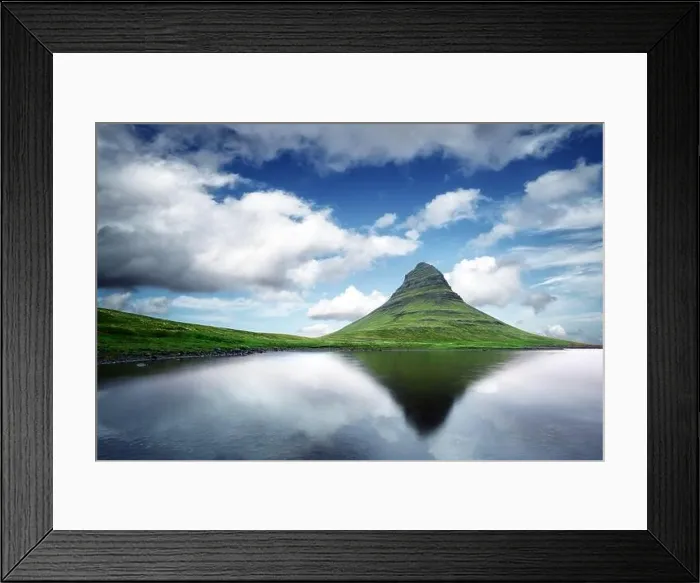 Framed Print : Picturesque landscape with Kirkjufell mountain, clear lake and cloudscape in blue sky Framed Print : Picturesque landscape with Kirkjufell mountain, clear lake and cloudscape in blue sky