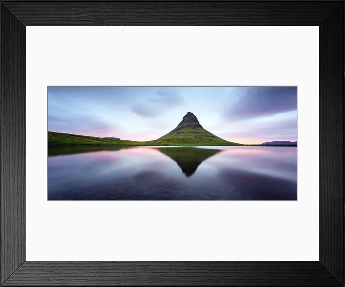 Framed Print : Panoramical landscape with Kirkjufell mountain, clear lake and cloudscape in sunrising sky Framed Print : Panoramical landscape with Kirkjufell mountain, clear lake and cloudscape in sunrising sky