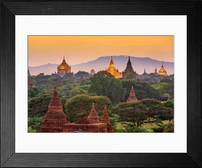 Framed Print : Bagan, Myanmar temples in the Archaeological Zone at dusk Framed Print : Bagan, Myanmar temples in the Archaeological Zone at dusk
