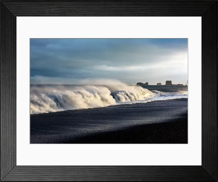 Framed Print : Gorgeous landscape with large waves on Black beach. Stormy Atlantic ocean waves and cloudscape. Reynisdrangar, Vik, Iceland Framed Print : Gorgeous landscape with large waves on Black beach. Stormy Atlantic ocean waves and cloudscape. Reynisdrangar, Vik, Iceland