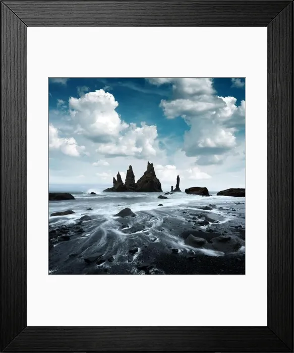 Framed Print : Picturesque landscape with basalt rock formations Troll Toes on Black beach, stormy ocean waves and cloudscape. Reynisdrangar, Vik, Iceland Framed Print : Picturesque landscape with basalt rock formations Troll Toes on Black beach, stormy ocean waves and cloudscape. Reynisdrangar, Vik, Iceland