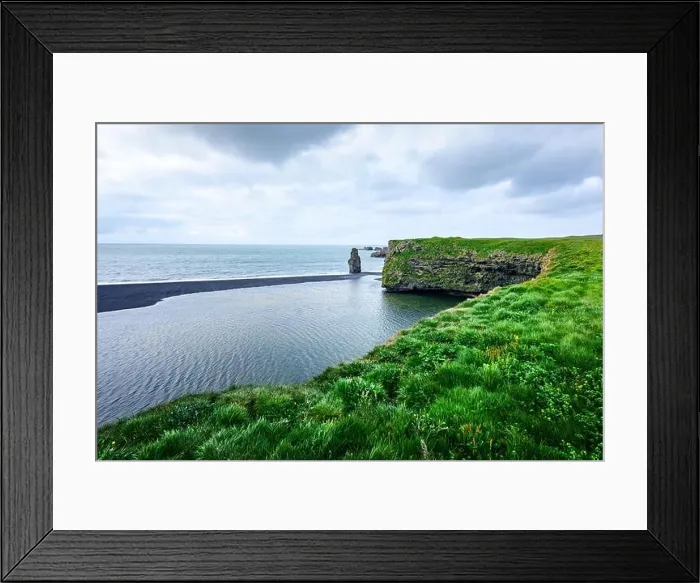 Framed Print : Picturesque landscape with green coast of Atlantic ocean in Iceland. Black beach, Reynisdrangar, Vik