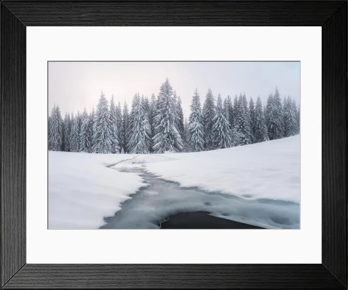 Framed Print : Fantastic winter landscape with frozen river and snowy trees in foggy mountains. Carpathian mountains, Ukraine, Europe. Christmas holiday concept Framed Print : Fantastic winter landscape with frozen river and snowy trees in foggy mountains. Carpathian mountains, Ukraine, Europe. Christmas holiday concept