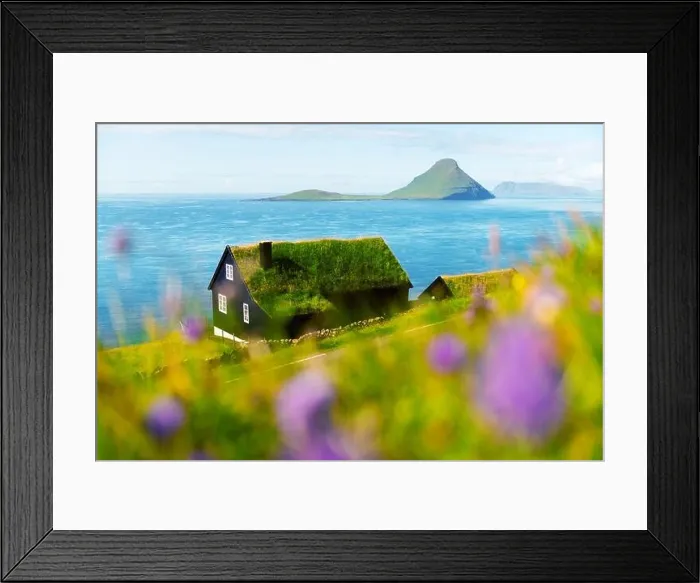 Framed Print : Foggy morning view of a house with typical turf-top grass roof in the Velbastadur village on Streymoy island, Faroe islands, Denmark Framed Print : Foggy morning view of a house with typical turf-top grass roof in the Velbastadur village on Streymoy island, Faroe islands, Denmark