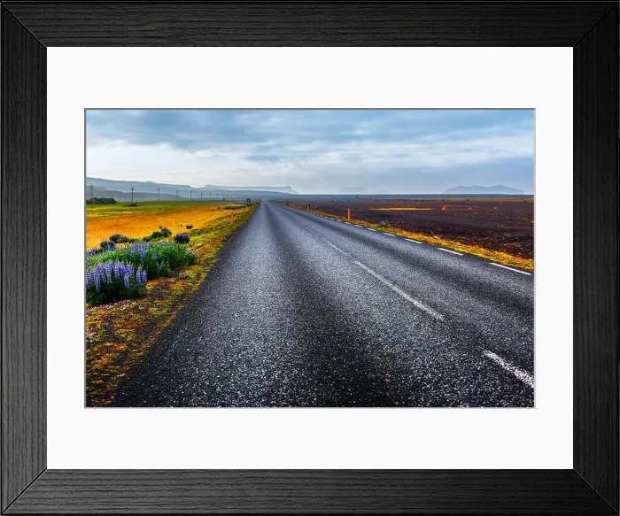 Framed Print : Typical Iceland landscape with road and mountains on background. Summer time Framed Print : Typical Iceland landscape with road and mountains on background. Summer time