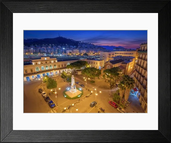 Framed Print : Salerno, Italy cityscape over Pizza Vittorio Veneto and the main station at dawn Framed Print : Salerno, Italy cityscape over Pizza Vittorio Veneto and the main station at dawn