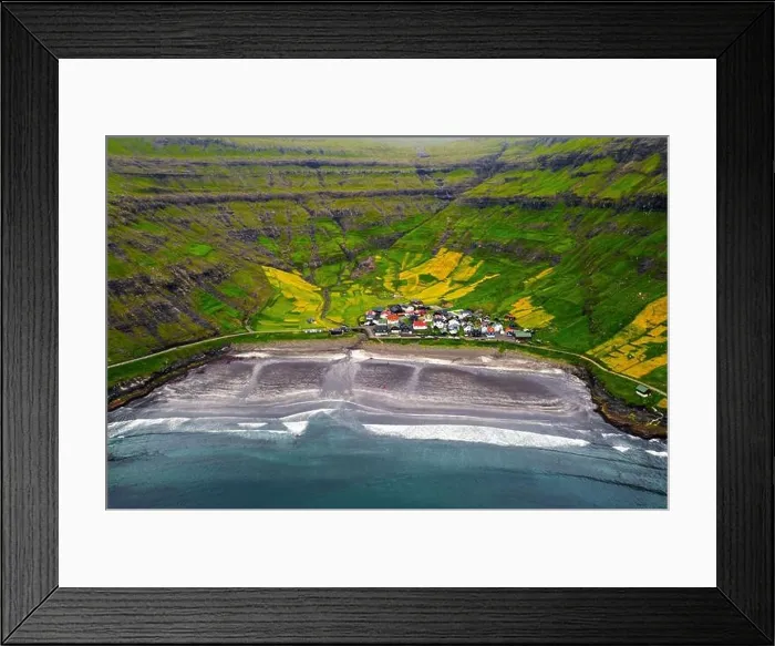 Framed Print : Aerial drone photo flying over Tjornuvik beach on Streymoy island, Faroe Islands, Denmark. Landscape photography Framed Print : Aerial drone photo flying over Tjornuvik beach on Streymoy island, Faroe Islands, Denmark. Landscape photography