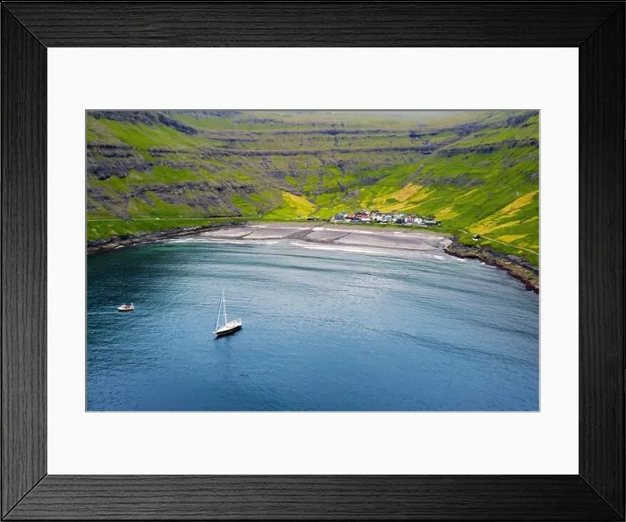 Framed Print : Aerial drone photo flying over Tjornuvik beach on Streymoy island, Faroe Islands, Denmark. Landscape photography Framed Print : Aerial drone photo flying over Tjornuvik beach on Streymoy island, Faroe Islands, Denmark. Landscape photography