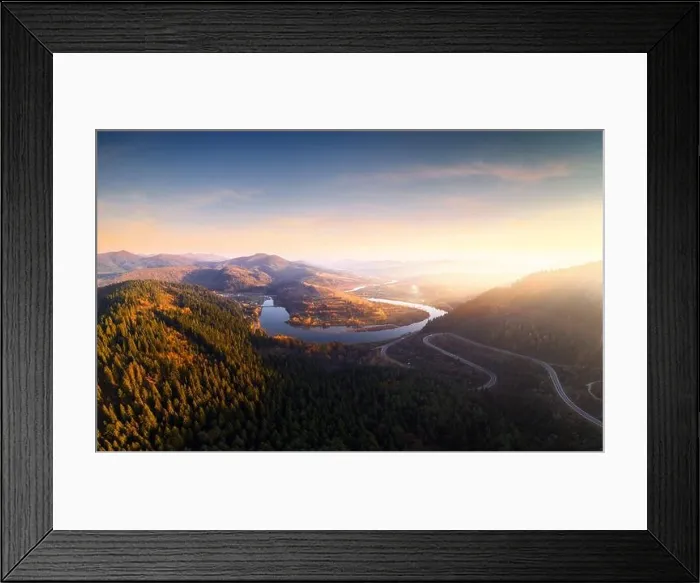 Framed Print : Aerial drone view over the autumn mountains with mountain road serpentine, river and forest. Landscape photography Framed Print : Aerial drone view over the autumn mountains with mountain road serpentine, river and forest. Landscape photography
