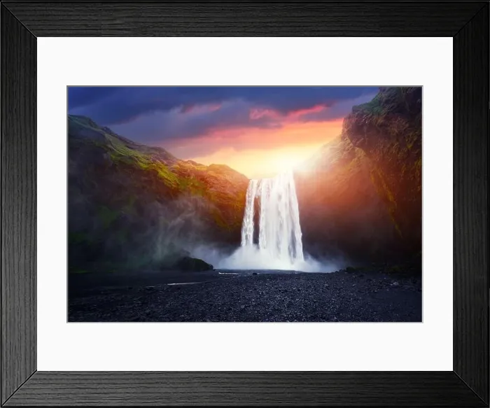 Framed Print : Incredible landscape with Skogafoss waterfall and unreal sunset sky. Iceland, Europe Framed Print : Incredible landscape with Skogafoss waterfall and unreal sunset sky. Iceland, Europe