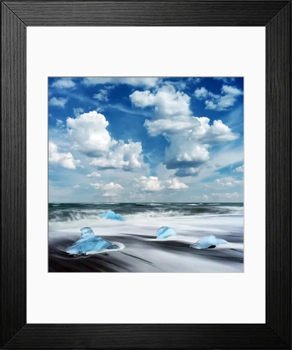 Framed Print : Blue Iceberg pieces on Diamond beach near Jokulsarlon lagoon, Iceland. Landscape photography Framed Print : Blue Iceberg pieces on Diamond beach near Jokulsarlon lagoon, Iceland. Landscape photography