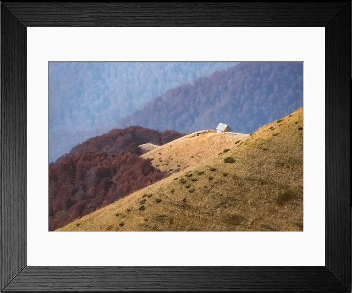 Framed Print : Picturesque autumn meadow with wooden house and red beech trees in the Carpathian mountains, Ukraine. Landscape photography Framed Print : Picturesque autumn meadow with wooden house and red beech trees in the Carpathian mountains, Ukraine. Landscape photography