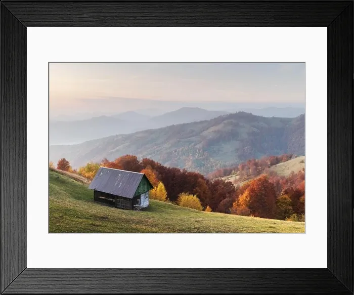 Framed Print : Picturesque autumn meadow with wooden house and red beech trees in the Carpathian mountains, Ukraine. Landscape photography