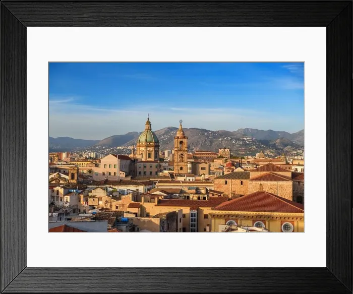 Framed Print : Palermo, Sicily town skyline with landmark towers in the morning