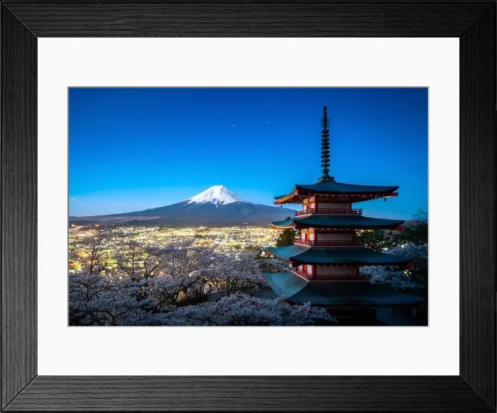 Framed Print : Fujiyoshida, Japan at Chureito Pagoda and Mt. Fuji in the spring with cherry blossoms full bloom during twilight. Japan Landscape and nature travel, o Framed Print : Fujiyoshida, Japan at Chureito Pagoda and Mt. Fuji in the spring with cherry blossoms full bloom during twilight. Japan Landscape and nature travel, o