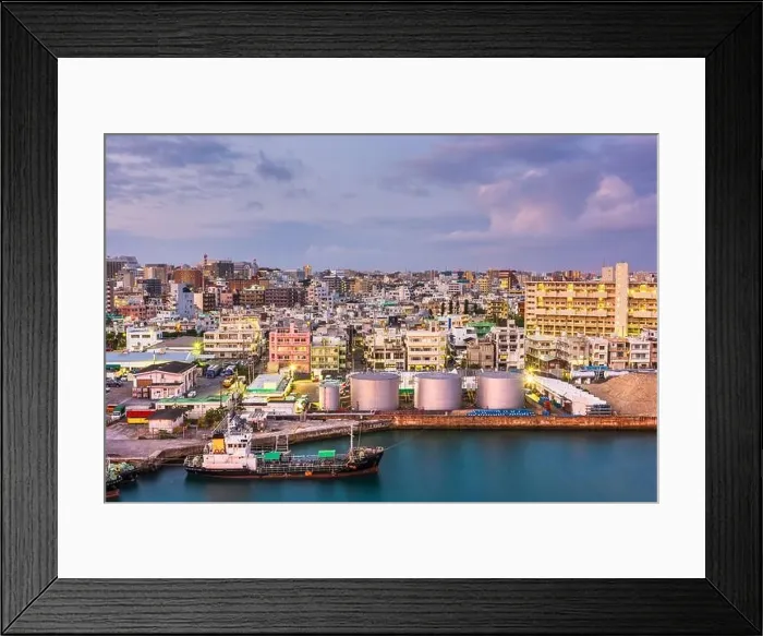 Framed Print : Naha, Okinawa, Japan industrial cityscape along Tomari Port at twilight Framed Print : Naha, Okinawa, Japan industrial cityscape along Tomari Port at twilight
