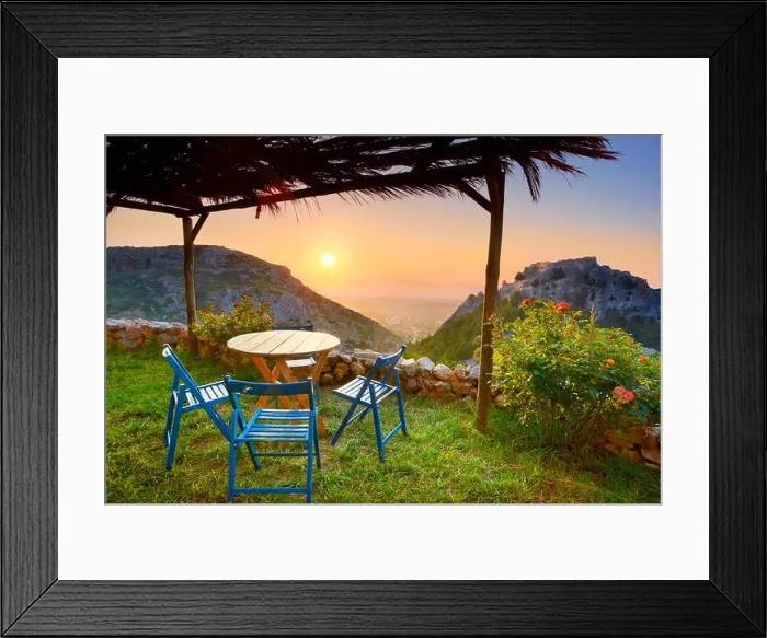 Framed Print : Kos - Dodecanese Islands, Greece, sunset from Old Pili village tavern