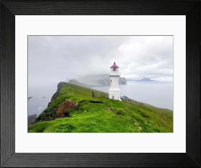 Framed Print : Foggy view of old lighthouse on the Mykines island, Faroe islands, Denmark. Landscape photography Framed Print : Foggy view of old lighthouse on the Mykines island, Faroe islands, Denmark. Landscape photography