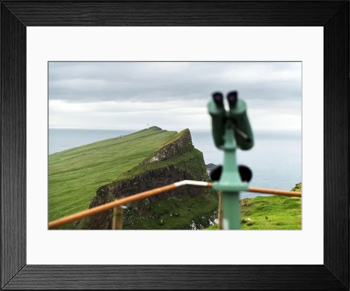 Framed Print : Foggy view of old lighthouse from viewpoint with tourist binoculars on the Mykines island, Faroe islands, Denmark. Landscape photography Framed Print : Foggy view of old lighthouse from viewpoint with tourist binoculars on the Mykines island, Faroe islands, Denmark. Landscape photography