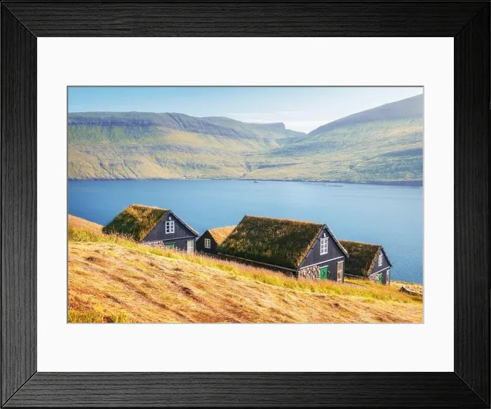 Framed Print : Picturesque view of tradicional faroese grass-covered houses in the village Bour during autumn. Vagar island, Faroe Islands, Denmark Framed Print : Picturesque view of tradicional faroese grass-covered houses in the village Bour during autumn. Vagar island, Faroe Islands, Denmark
