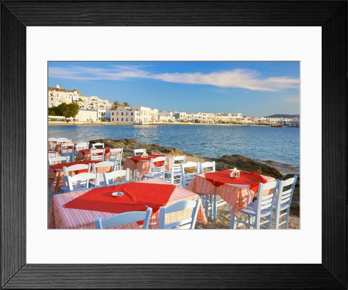 Framed Print : Outdoor restaurant at Mykonos Island, Cyclades, Greece Framed Print : Outdoor restaurant at Mykonos Island, Cyclades, Greece