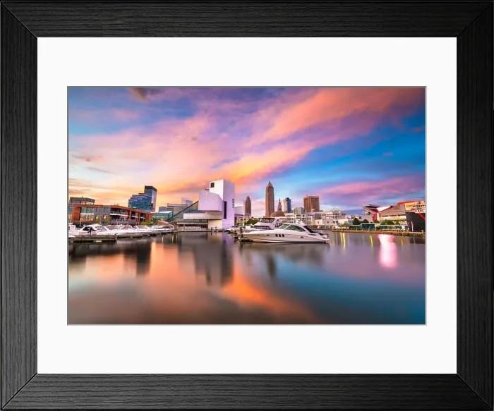 Framed Print : Cleveland, Ohio, USA downtown city skyline and harbor at twilight Framed Print : Cleveland, Ohio, USA downtown city skyline and harbor at twilight