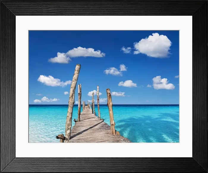 Framed Print : Wooden pier on the tropical island, clear sea and blue sky Framed Print : Wooden pier on the tropical island, clear sea and blue sky