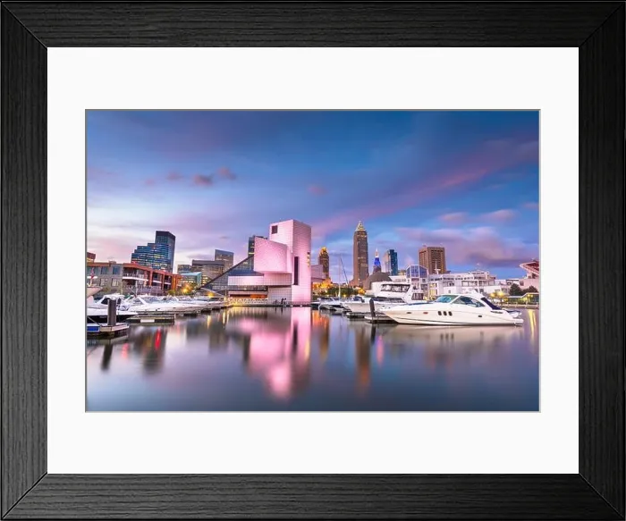 Framed Print : Cleveland, Ohio, USA downtown city skyline and harbor at twilight Framed Print : Cleveland, Ohio, USA downtown city skyline and harbor at twilight
