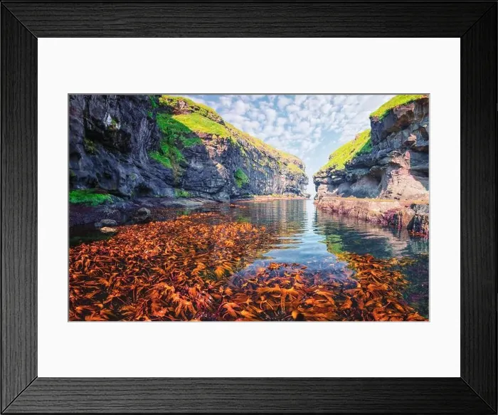 Framed Print : Beautiful view of dock or harbor with clear water and red seaweed in Gjogv village, Eysuroy island, Faroe Islands, Denmark. Landscape photography Framed Print : Beautiful view of dock or harbor with clear water and red seaweed in Gjogv village, Eysuroy island, Faroe Islands, Denmark. Landscape photography