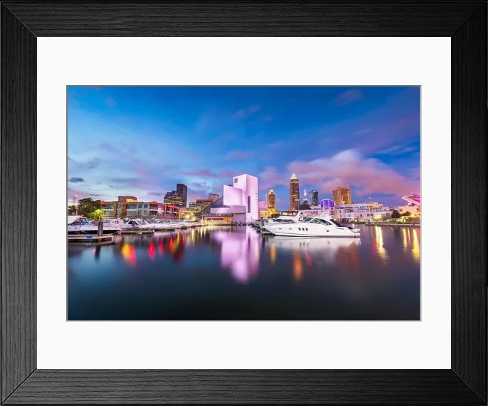 Framed Print : Cleveland, Ohio, USA downtown city skyline and harbor at twilight