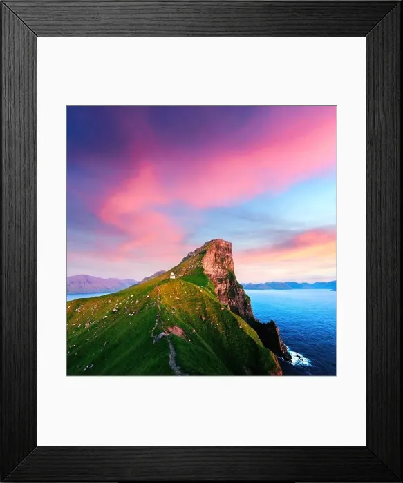 Framed Print : Incredible sunset landscape with Kallur lighthouse on green hills of Kalsoy island, Faroe islands, Denmark Framed Print : Incredible sunset landscape with Kallur lighthouse on green hills of Kalsoy island, Faroe islands, Denmark