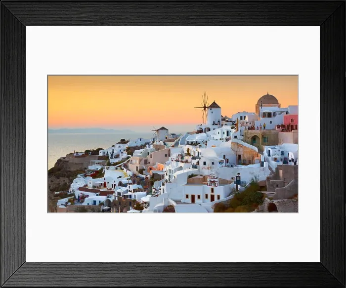Framed Print : Santorini - view of Oia Town and windmills at sunset time, Greece Framed Print : Santorini - view of Oia Town and windmills at sunset time, Greece