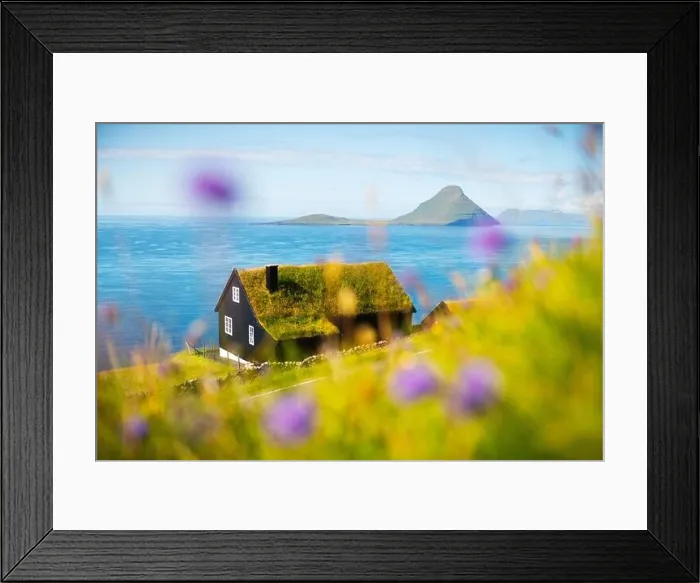 Framed Print : Foggy morning view of a house with typical turf-top grass roof in the Velbastadur village on Streymoy island, Faroe islands, Denmark Framed Print : Foggy morning view of a house with typical turf-top grass roof in the Velbastadur village on Streymoy island, Faroe islands, Denmark