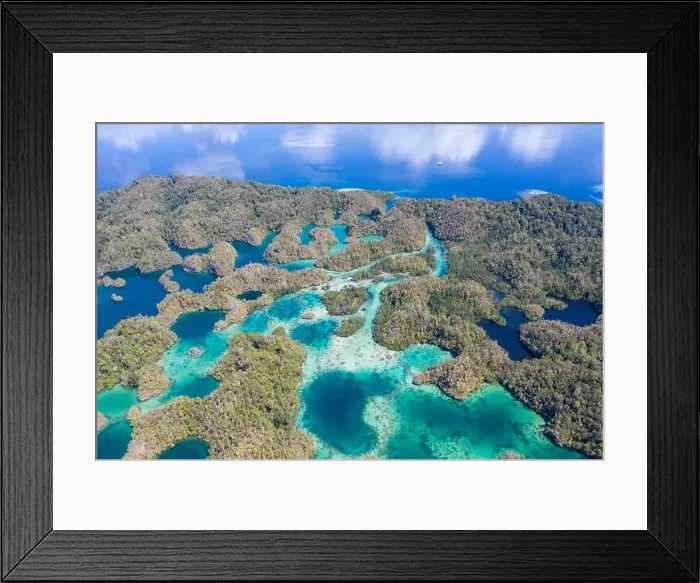 Framed Print : A maze of limestone islands is found in a hidden bay in Raja Ampat, Indonesia. This region is known for its incredible amount of marine biodiversity Framed Print : A maze of limestone islands is found in a hidden bay in Raja Ampat, Indonesia. This region is known for its incredible amount of marine biodiversity