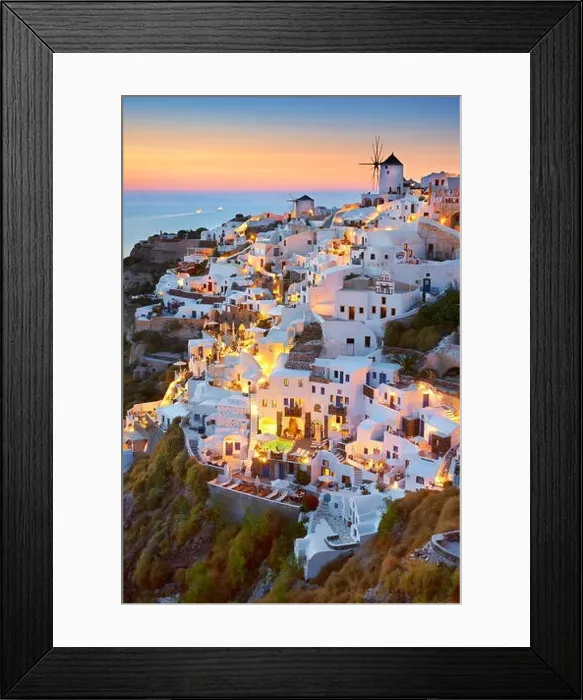 Framed Print : Cityscape sunset view of Oia Town, Santorini Island, Cyclades, Greece Framed Print : Cityscape sunset view of Oia Town, Santorini Island, Cyclades, Greece