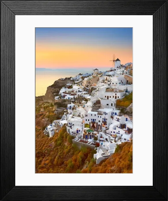 Framed Print : Santorini - view of Oia Town and windmills at sunset time, Greece Framed Print : Santorini - view of Oia Town and windmills at sunset time, Greece