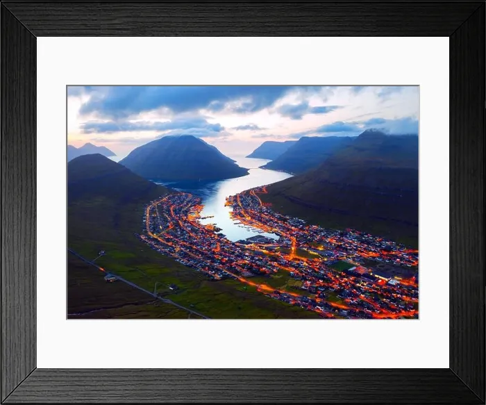 Framed Print : Fantastic aerial evening cityscape of Klaksvik town with glowing streets and fjord, Bordoy island, Faroe islands, Denmark. Landscape photography Framed Print : Fantastic aerial evening cityscape of Klaksvik town with glowing streets and fjord, Bordoy island, Faroe islands, Denmark. Landscape photography