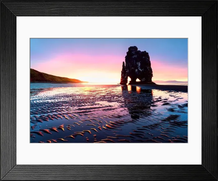 Framed Print : Incredible sunset landscape with famous Hvitserkur rock and dark sand after the tide. Vatnsnes peninsula, Iceland, Europe Framed Print : Incredible sunset landscape with famous Hvitserkur rock and dark sand after the tide. Vatnsnes peninsula, Iceland, Europe