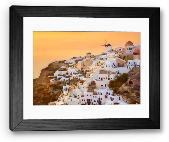 Framed Print : Santorini Island - aerial view of Oia Town at sunset time, Greece Framed Print : Santorini Island - aerial view of Oia Town at sunset time, Greece