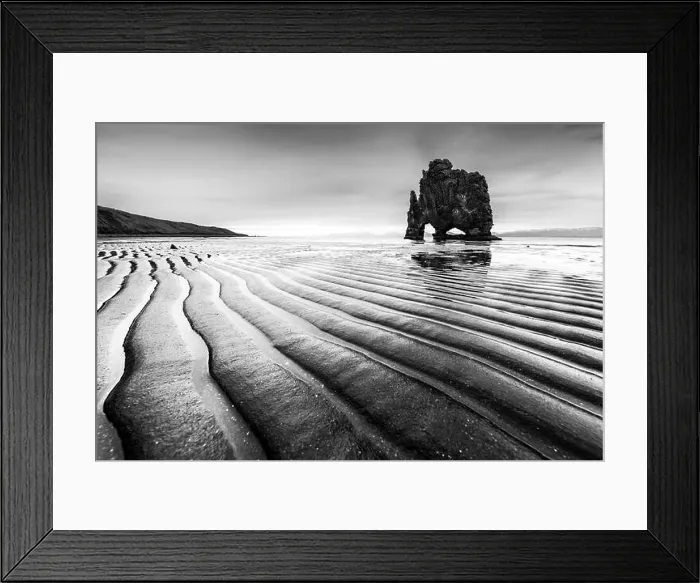Framed Print : Drammatic landscape with famous Hvitserkur rock and dark wavy sand after the tide. Vatnsnes peninsula, Iceland, Europe. Black and white photo Framed Print : Drammatic landscape with famous Hvitserkur rock and dark wavy sand after the tide. Vatnsnes peninsula, Iceland, Europe. Black and white photo