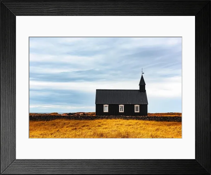 Framed Print : Gorgeous autumn landscape with famous picturesque black church of Budir at Snaefellsnes peninsula region in Iceland Framed Print : Gorgeous autumn landscape with famous picturesque black church of Budir at Snaefellsnes peninsula region in Iceland