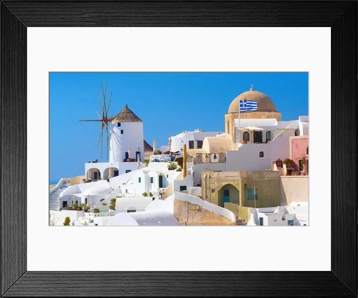 Framed Print : Santorini landscape with white houses, windmill and greek flag - Oia Town, Santorini Island, Cyclades, Greece Framed Print : Santorini landscape with white houses, windmill and greek flag - Oia Town, Santorini Island, Cyclades, Greece