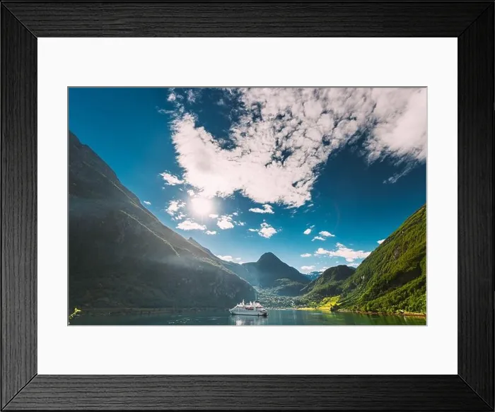 Framed Print : Geirangerfjord, Norway. Touristic Ship Ferry Boat Cruise Ship Liner Floating Near Geiranger In Geirangerfjorden In Sunny Summer Day. Famous Norwegian