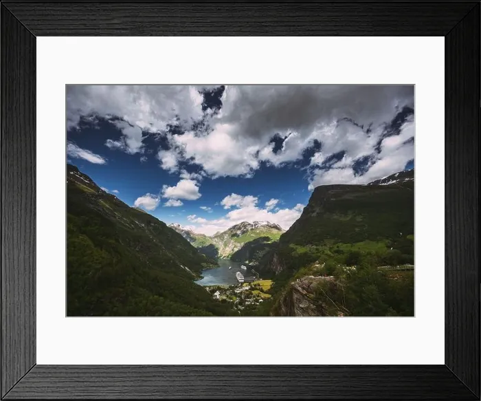 Framed Print : Geirangerfjord, Norway. Aerial View Of Geiranger In Geirangerfjorden In Summer Day. Famous Norwegian Landmark And Popular Destination Framed Print : Geirangerfjord, Norway. Aerial View Of Geiranger In Geirangerfjorden In Summer Day. Famous Norwegian Landmark And Popular Destination