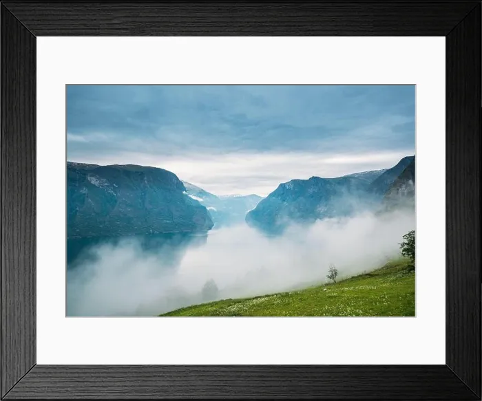 Framed Print : Sogn And Fjordane Fjord, Norway. Amazing Fjord Sogn Og Fjordane In Fog Clouds. Summer Scenic View Of Famous Natural Attraction Landmark And Popular De Framed Print : Sogn And Fjordane Fjord, Norway. Amazing Fjord Sogn Og Fjordane In Fog Clouds. Summer Scenic View Of Famous Natural Attraction Landmark And Popular De