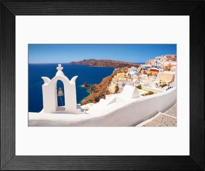 Framed Print : Landscape with white greek bell tower and sea in the background - Oia Town, Santorini Island, Cyclades, Greece Framed Print : Landscape with white greek bell tower and sea in the background - Oia Town, Santorini Island, Cyclades, Greece