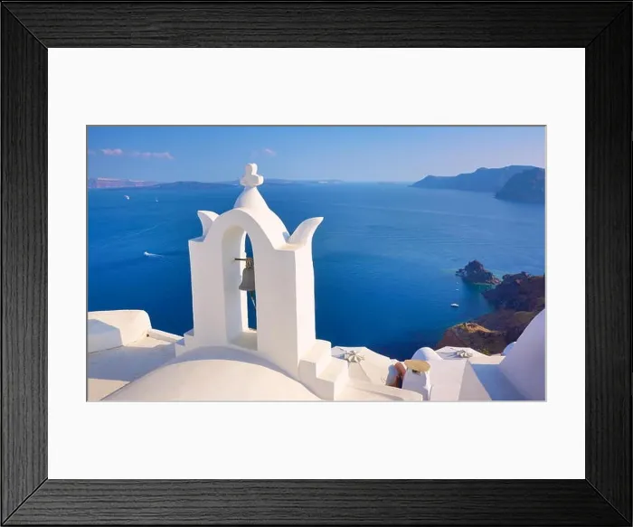 Framed Print : Santorini - landscape with white greek bell tower and sea in the background - Oia Town, Cyclades, Greece Framed Print : Santorini - landscape with white greek bell tower and sea in the background - Oia Town, Cyclades, Greece