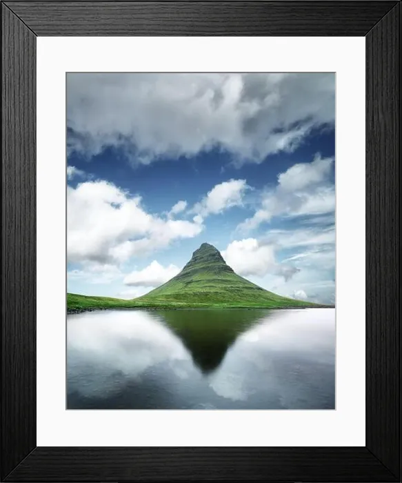 Framed Print : Gorgeous landscape with Kirkjufell mountain, clear lake and cloudscape in blue sky Framed Print : Gorgeous landscape with Kirkjufell mountain, clear lake and cloudscape in blue sky