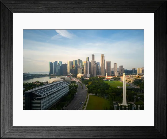 Framed Print : Panorama of Singapore business district skyline and skyscraper during sunrise at Marina Bay, Singapore. Asian tourism, modern city life, or business f Framed Print : Panorama of Singapore business district skyline and skyscraper during sunrise at Marina Bay, Singapore. Asian tourism, modern city life, or business f