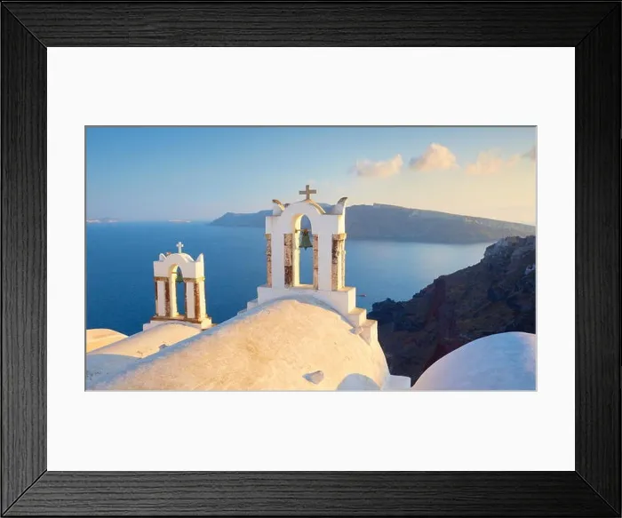 Framed Print : Santorini landscape with two bell towers overlooking the sea, Oia Town, Santorini Island, Greece Framed Print : Santorini landscape with two bell towers overlooking the sea, Oia Town, Santorini Island, Greece